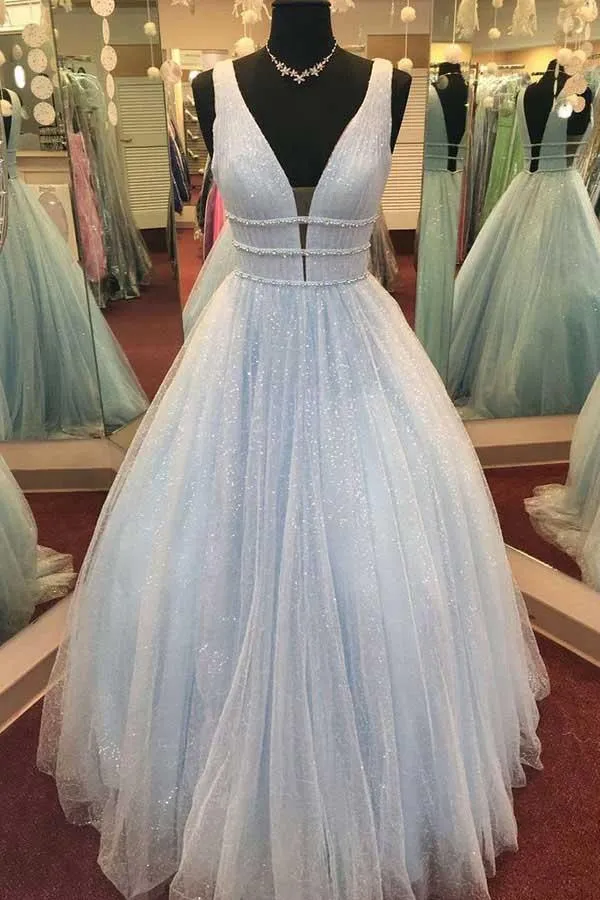 A-Line Deep V-Neck Sweep Train Pink Tulle Backless Prom Dress with Beading PG878