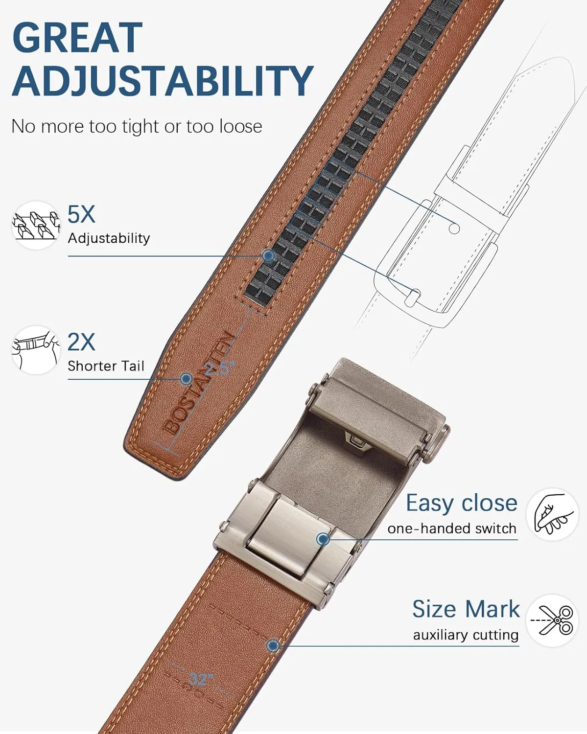 BOSTANTEN Mens Belt Leather Ratchet Belt For Men Dress and Casual with Adjustable Buckle, Trim to Fit