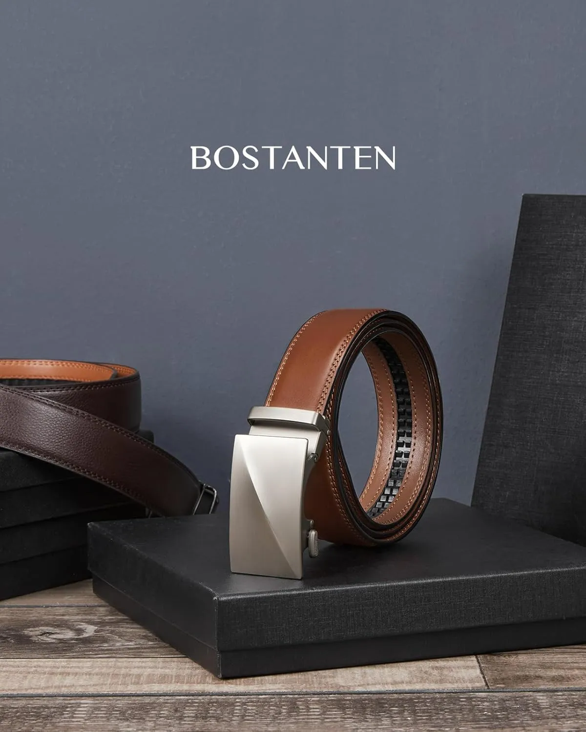BOSTANTEN Mens Belt Leather Ratchet Belt For Men Dress and Casual with Adjustable Buckle, Trim to Fit