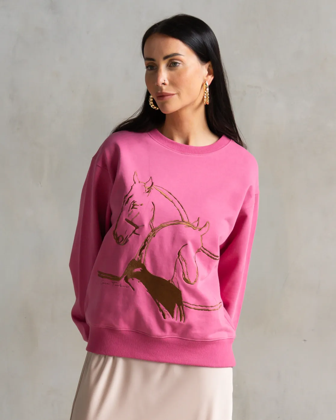 Classic Embroidered Sweatshirt Horses Embrace Berry