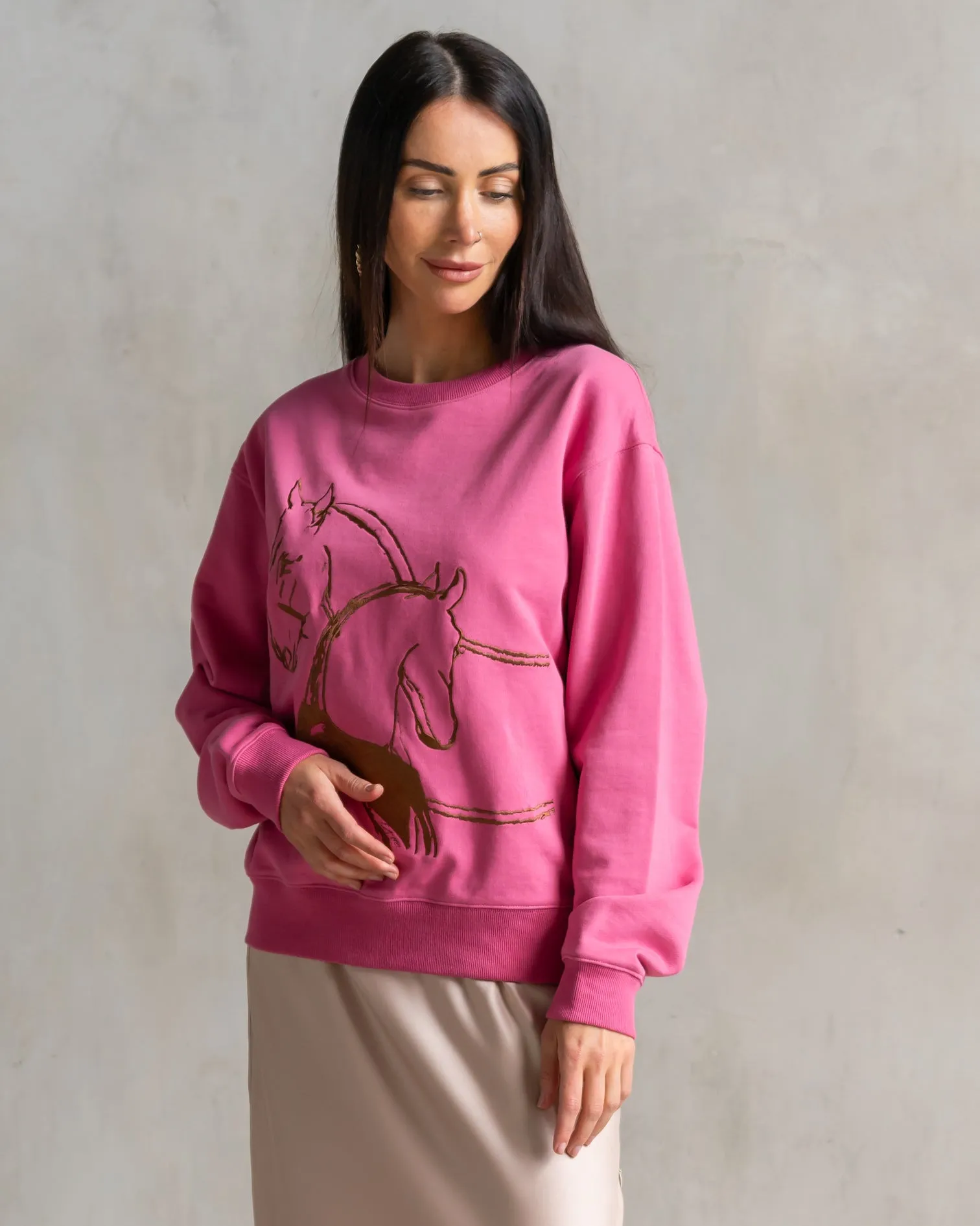 Classic Embroidered Sweatshirt Horses Embrace Berry