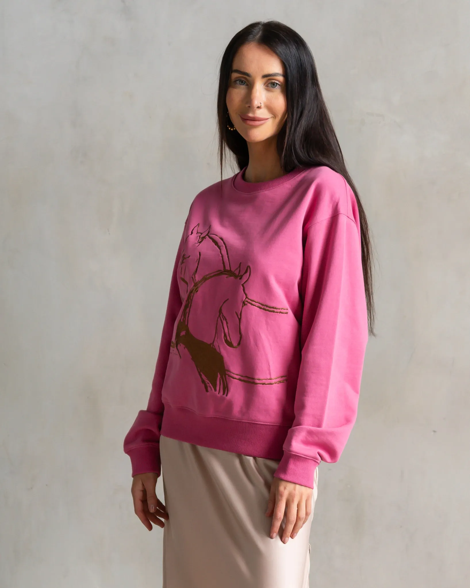 Classic Embroidered Sweatshirt Horses Embrace Berry