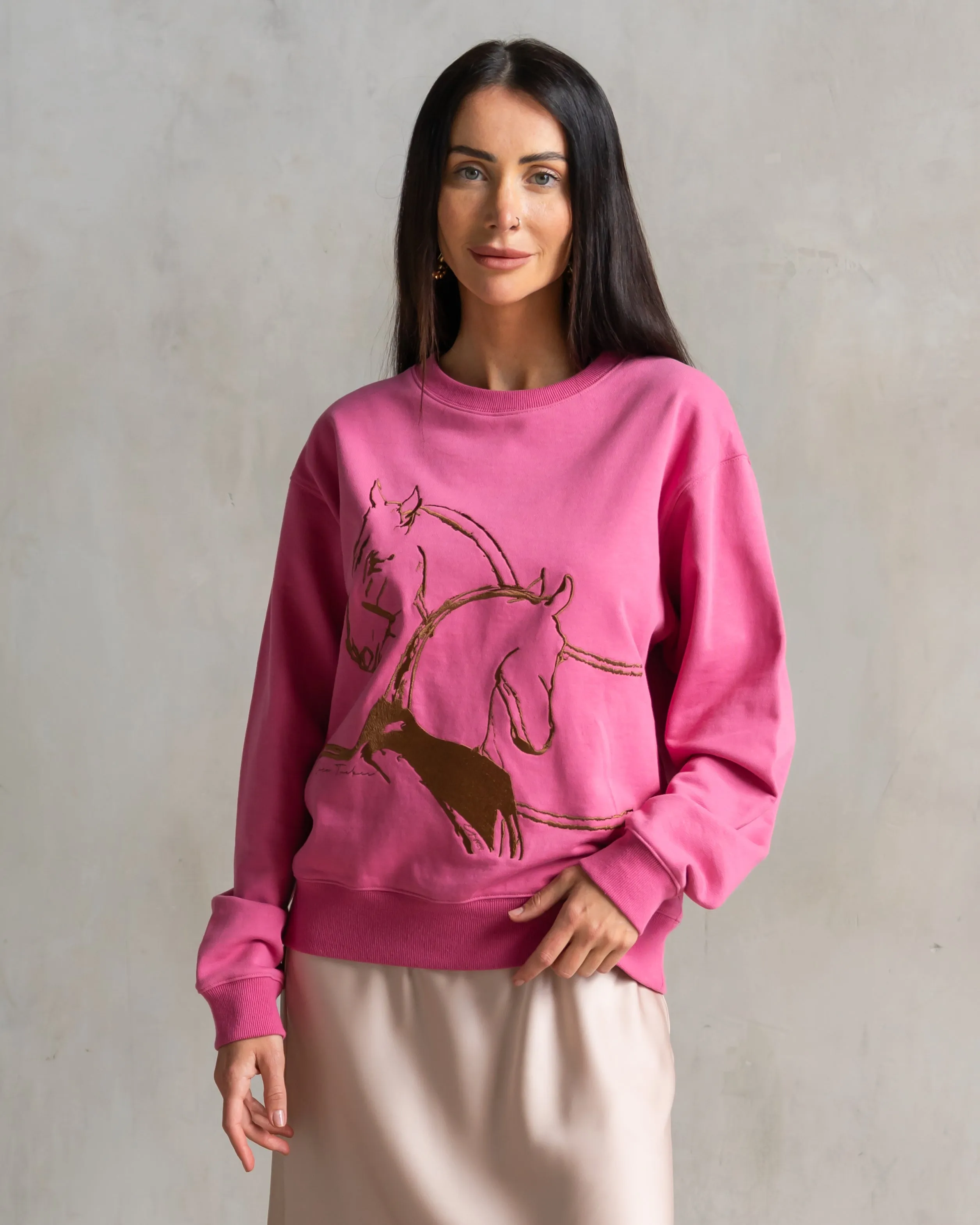 Classic Embroidered Sweatshirt Horses Embrace Berry