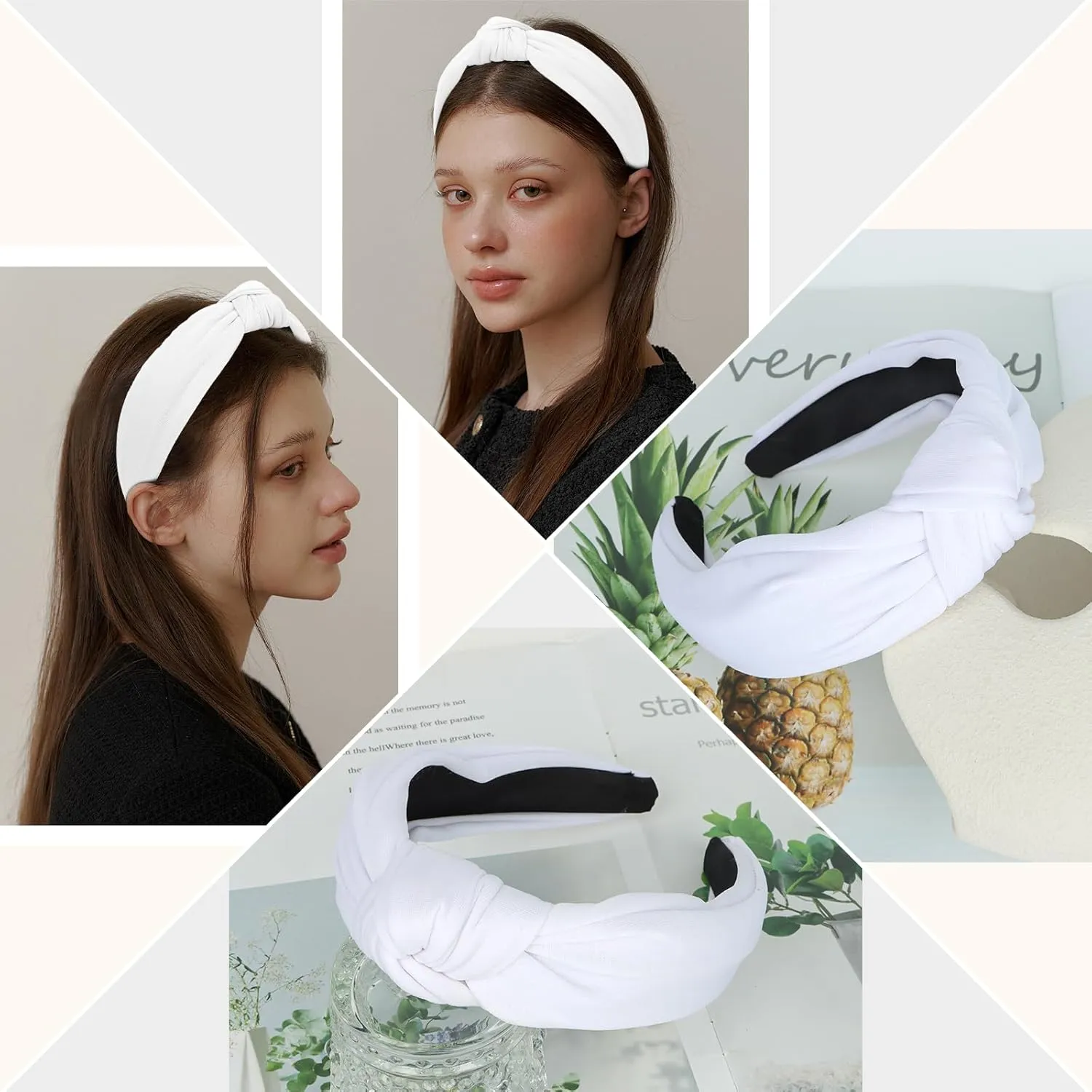 CURASA Headbands for Women Girls Non Slip Knotted Headband Wide Preppy Fashion Hairband White Top Knot Decorative Hair Accessories Fabric Comfortable Hair Bands Yoga Elastic Head Bands For Thick Thin