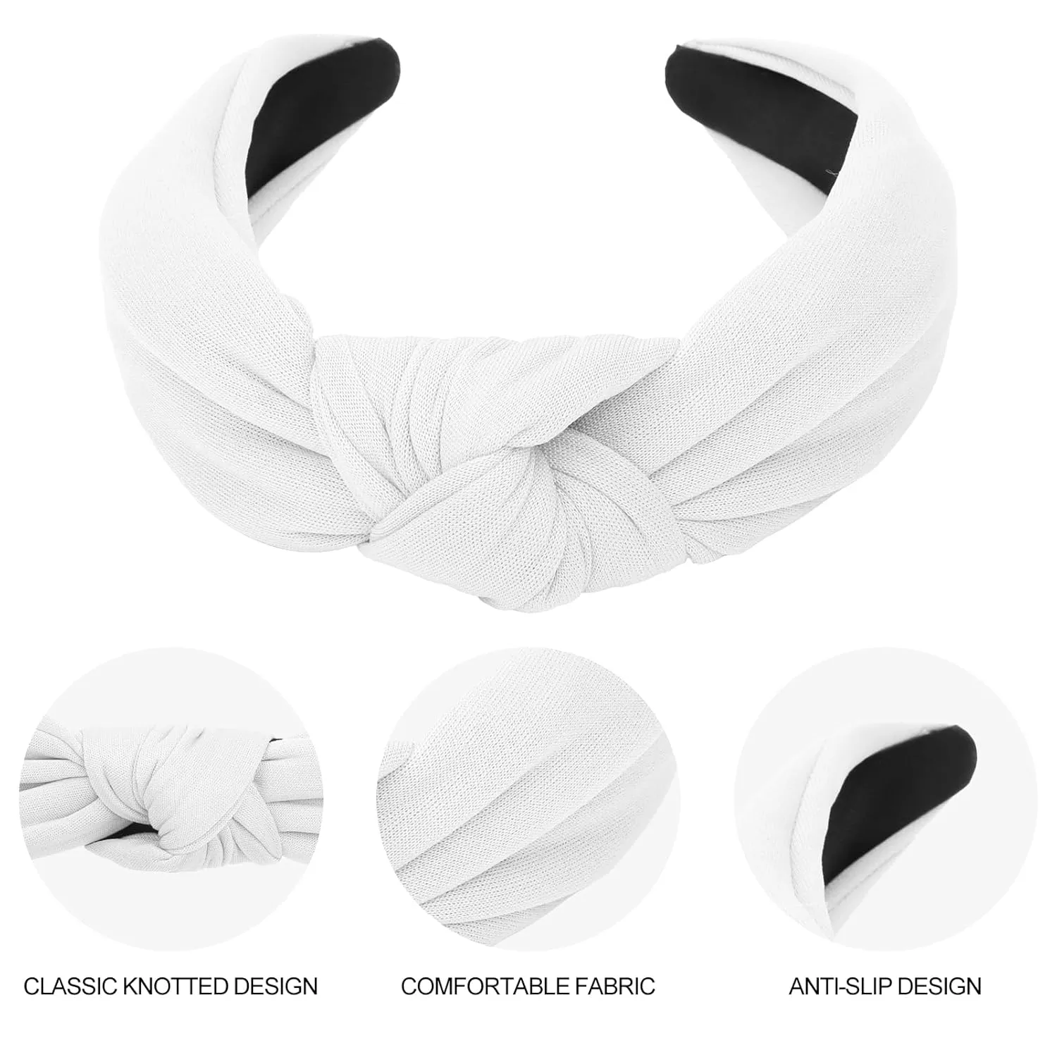 CURASA Headbands for Women Girls Non Slip Knotted Headband Wide Preppy Fashion Hairband White Top Knot Decorative Hair Accessories Fabric Comfortable Hair Bands Yoga Elastic Head Bands For Thick Thin