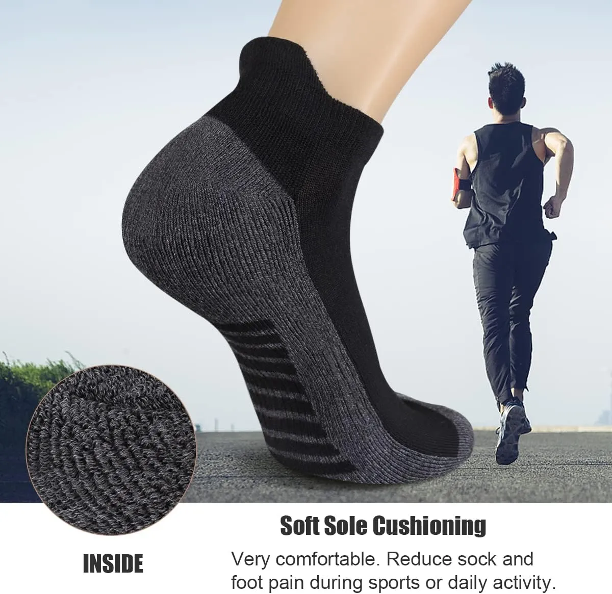 eallco Mens Ankle Socks Low Cut Athletic Cushioned Running Tab Socks 6 Pack