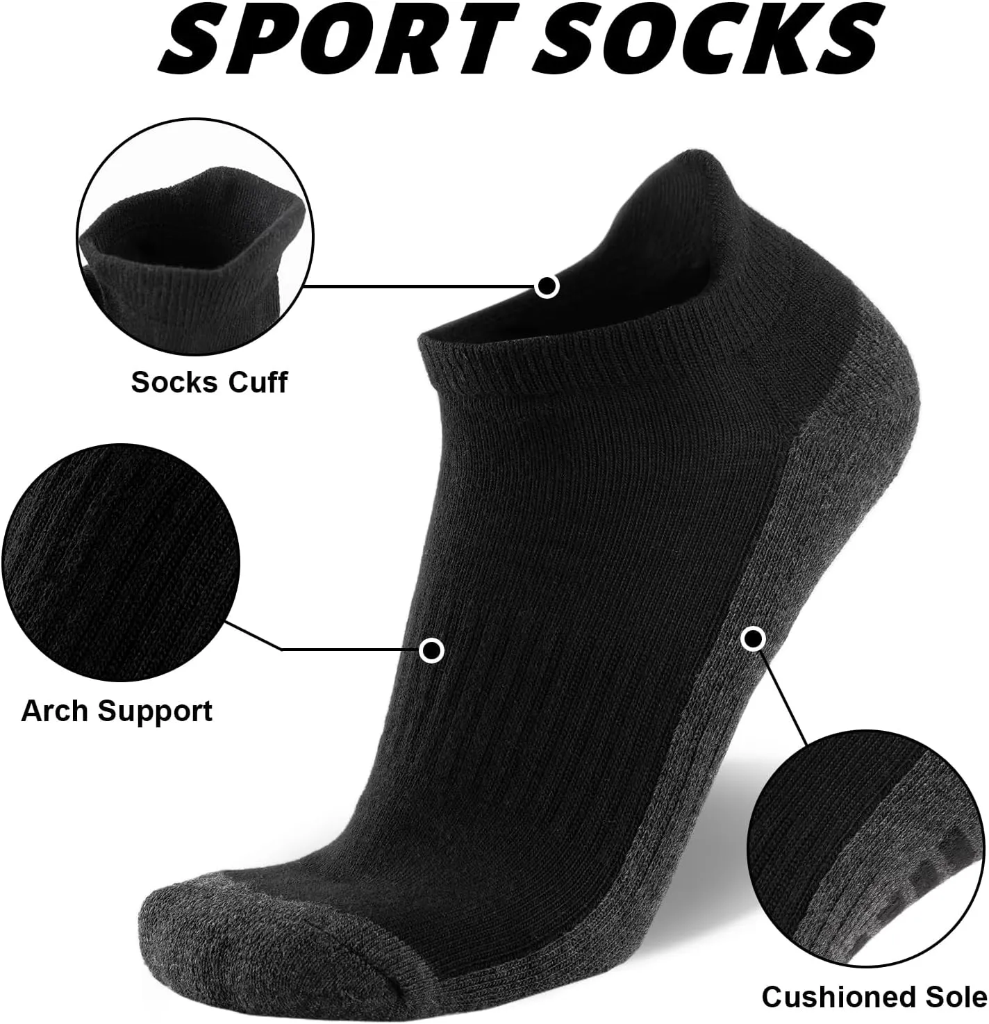 eallco Mens Ankle Socks Low Cut Athletic Cushioned Running Tab Socks 6 Pack