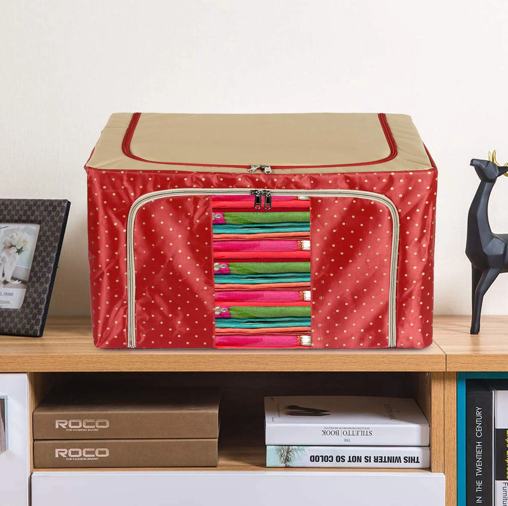 Heart Home Dot Printed Steel Frame Storage Box/Organizer For Clothing, Blankets, Bedding With Clear Window, 24Ltr. (Maroon & Brown)-44HH0225