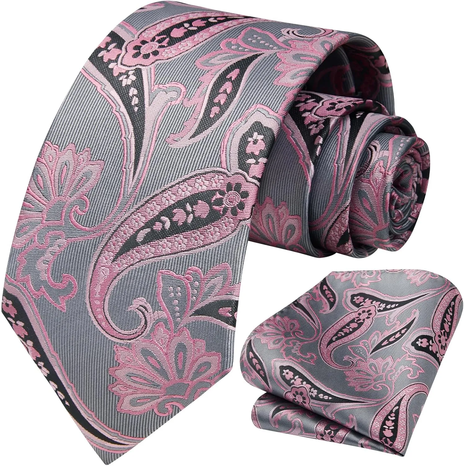 HISDERN Extra Long Ties for Men Classic Floral Tie and Pocket Square Elegant Silk Necktie Handkerchief Set Wedding Party