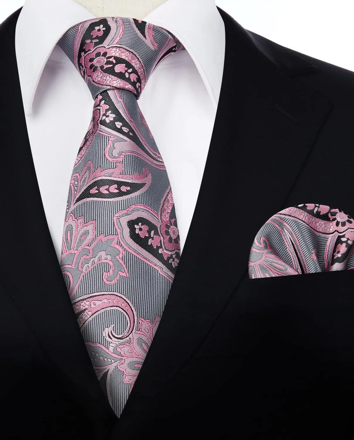 HISDERN Extra Long Ties for Men Classic Floral Tie and Pocket Square Elegant Silk Necktie Handkerchief Set Wedding Party