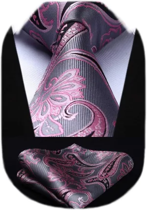 HISDERN Extra Long Ties for Men Classic Floral Tie and Pocket Square Elegant Silk Necktie Handkerchief Set Wedding Party