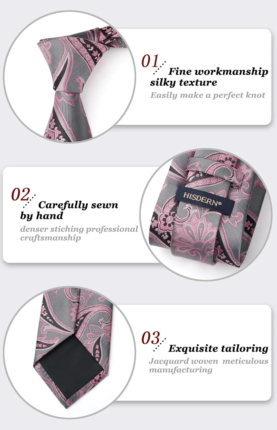 HISDERN Extra Long Ties for Men Classic Floral Tie and Pocket Square Elegant Silk Necktie Handkerchief Set Wedding Party