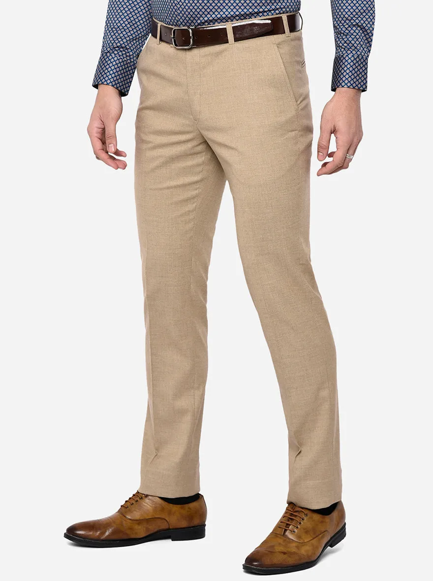 Light Beige Solid Slim Fit Formal Trouser | Greenfibre