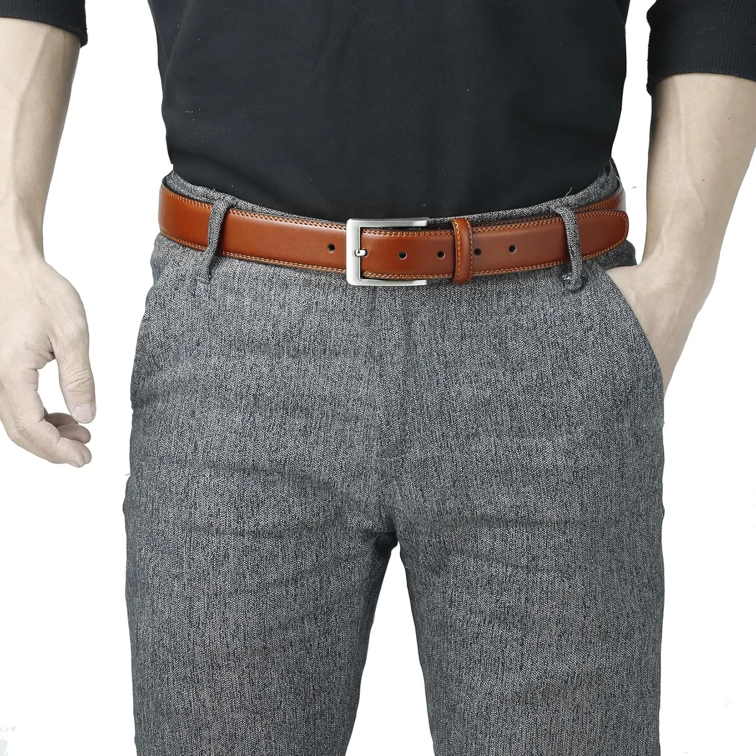 Men's Casual Leather Jeans Belts Classic Work Business Dress Belt with Prong Buckle for Men