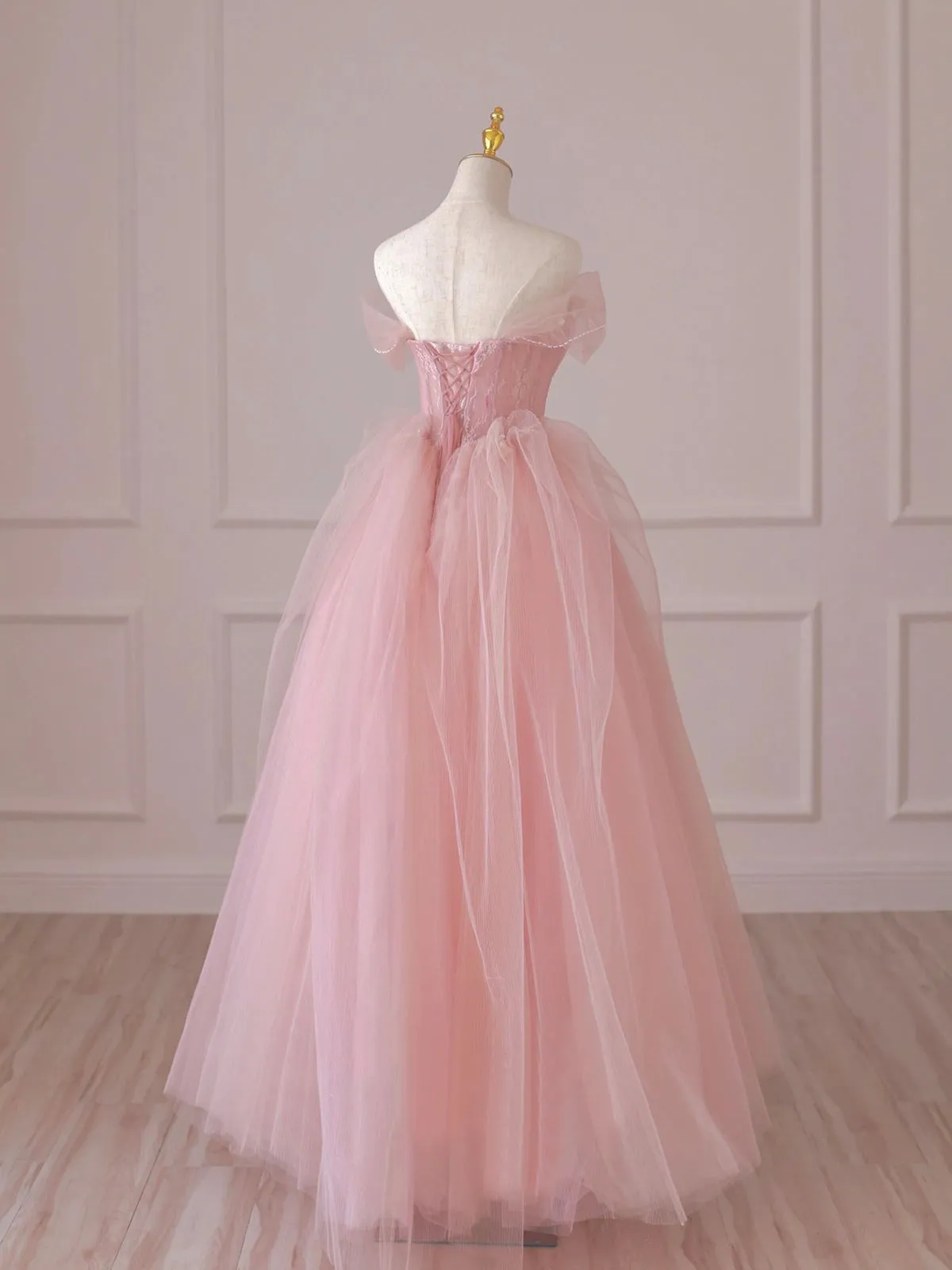 Pink Tulle Lace Long Prom Dress Off the Shoulder Evening Dress