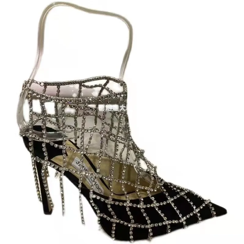 Rhinestone Mesh Pointed Toe High Heel Gem Shoe Decor