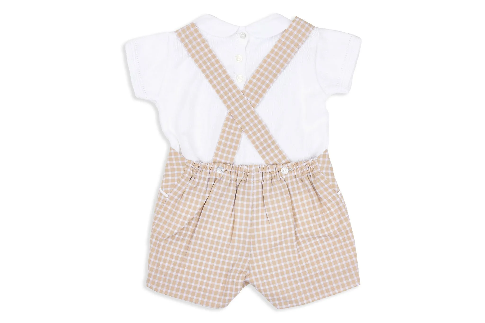 Sand Check Overalls White Shirt Two-Piece Set