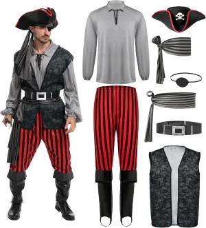 Spooktacular Creations Men Pirate Costume, Adult Pirate Shirt Vest Viking Pants Hat Set for Halloween Themed Parties