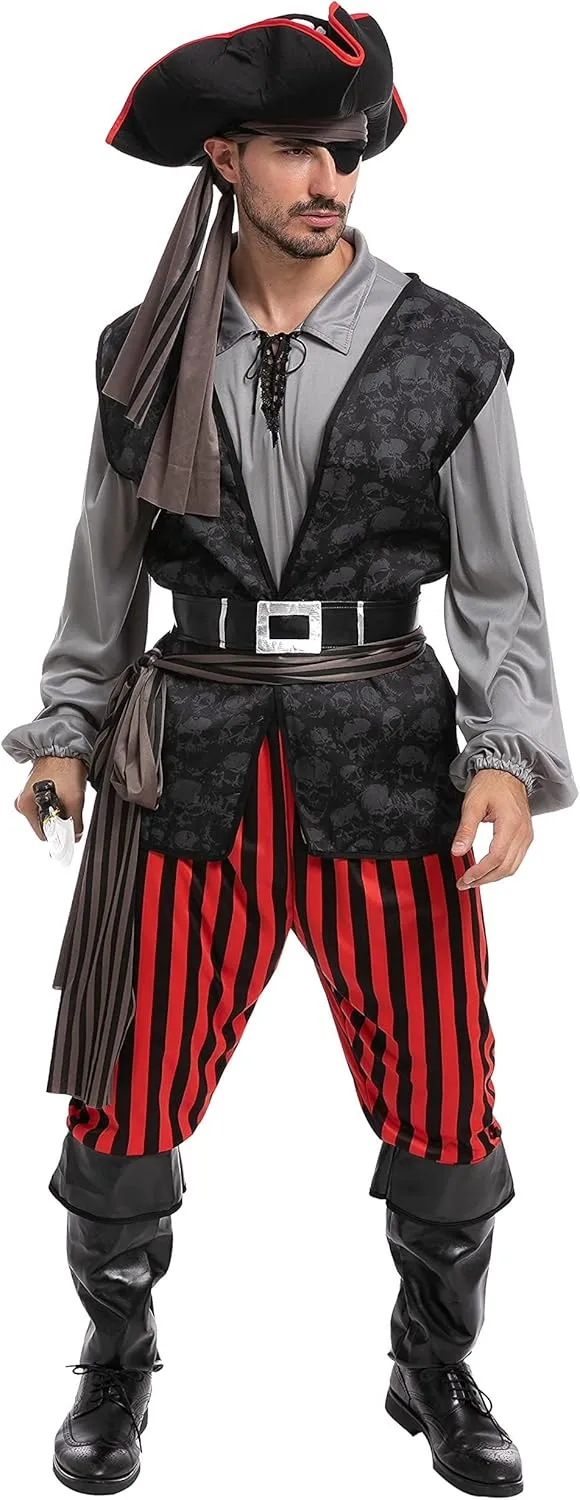 Spooktacular Creations Men Pirate Costume, Adult Pirate Shirt Vest Viking Pants Hat Set for Halloween Themed Parties