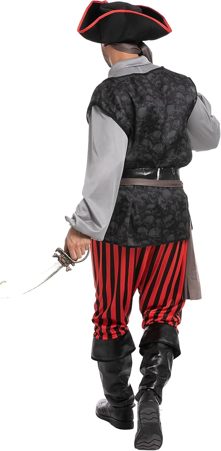 Spooktacular Creations Men Pirate Costume, Adult Pirate Shirt Vest Viking Pants Hat Set for Halloween Themed Parties