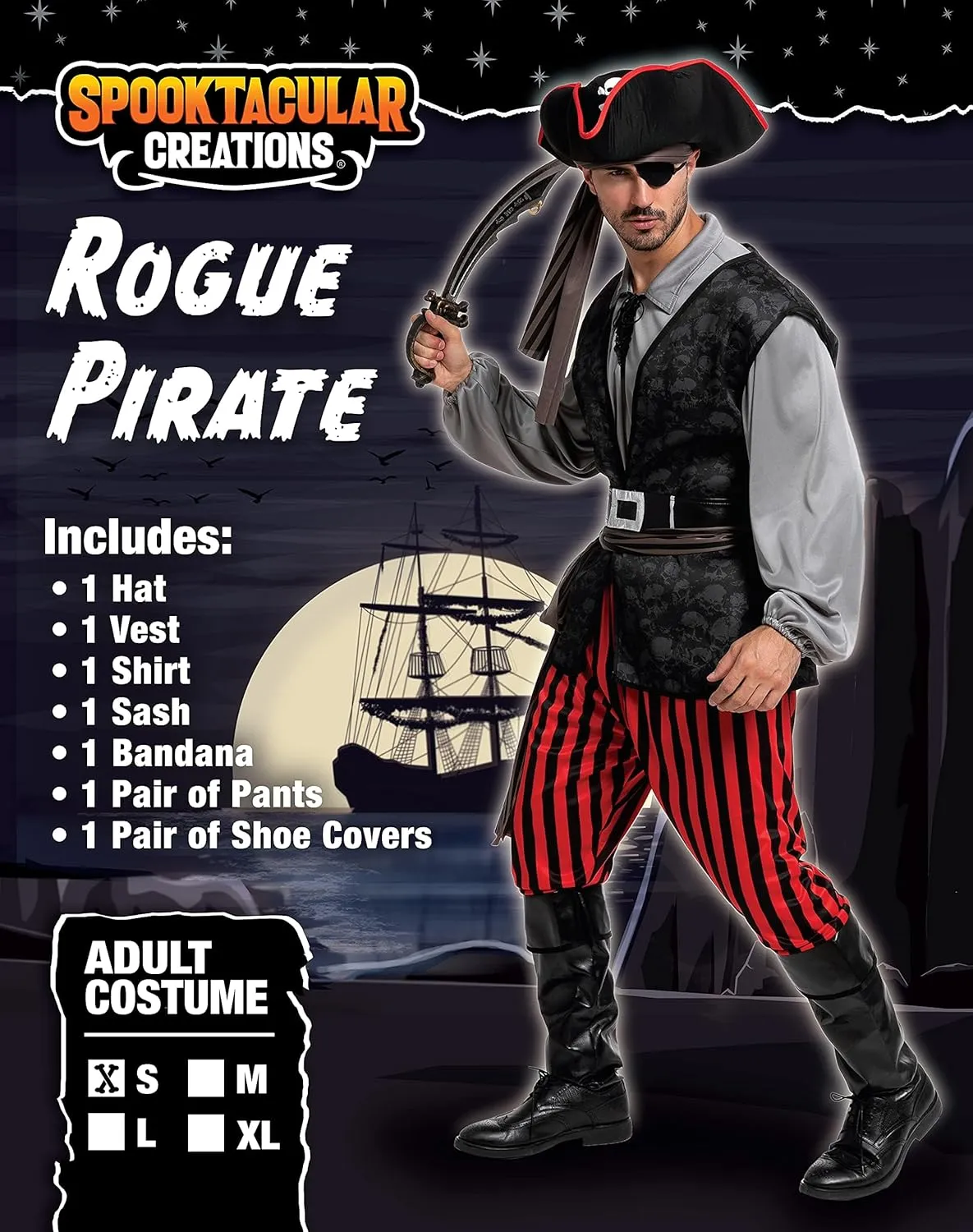 Spooktacular Creations Men Pirate Costume, Adult Pirate Shirt Vest Viking Pants Hat Set for Halloween Themed Parties