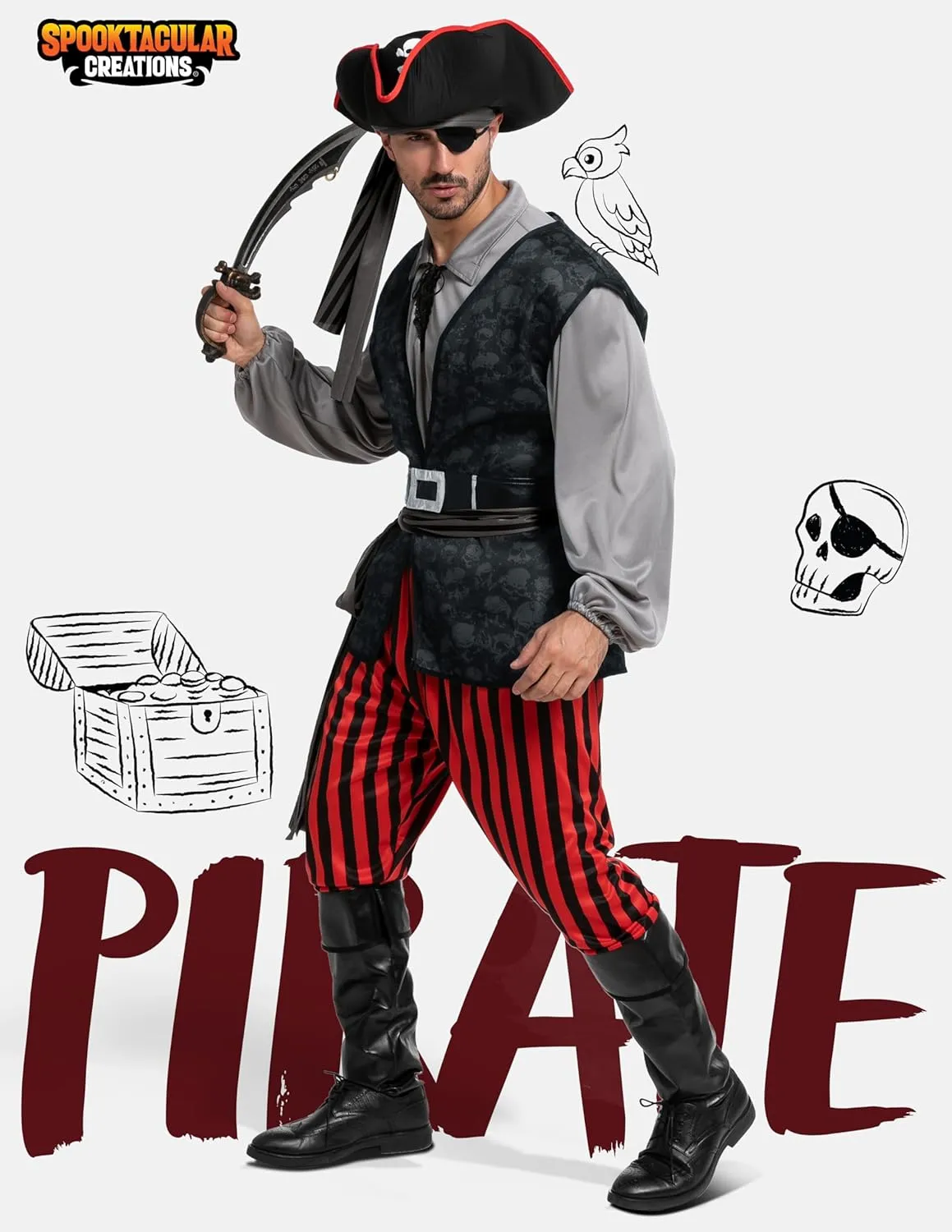 Spooktacular Creations Men Pirate Costume, Adult Pirate Shirt Vest Viking Pants Hat Set for Halloween Themed Parties