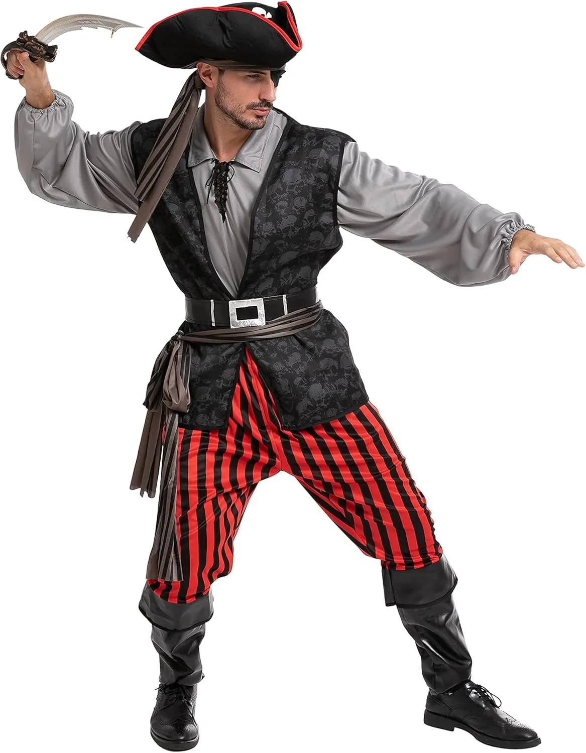 Spooktacular Creations Men Pirate Costume, Adult Pirate Shirt Vest Viking Pants Hat Set for Halloween Themed Parties