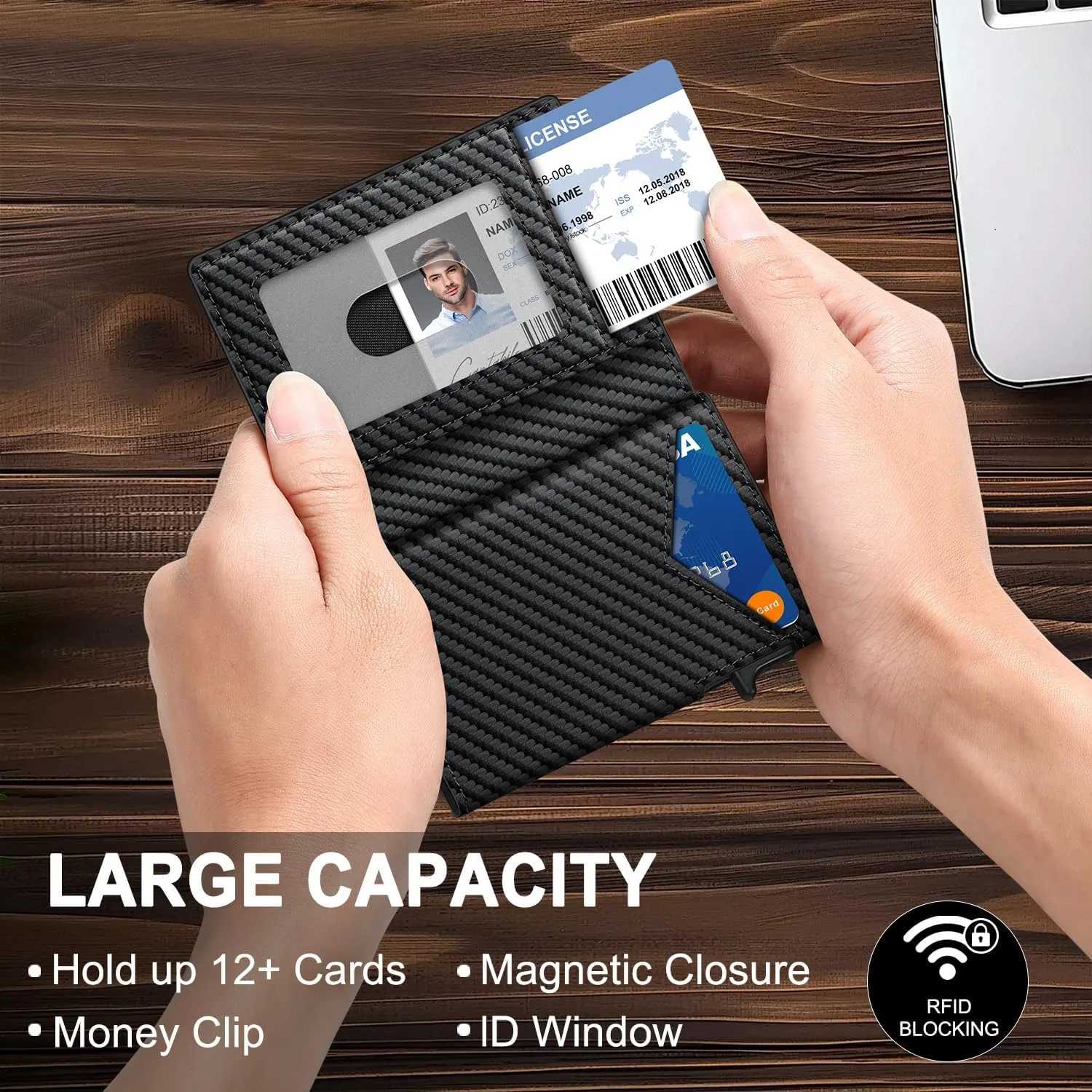Wallet for Men, RFID Wallet with Money Clip & ID Window, Minimalist Pop Up Credit Card Case Holder 10-12 Cards, Bifold Slim Smart Wallet for Front Pocket, Compact Metal Wallets, Gifts for Men, Carbon