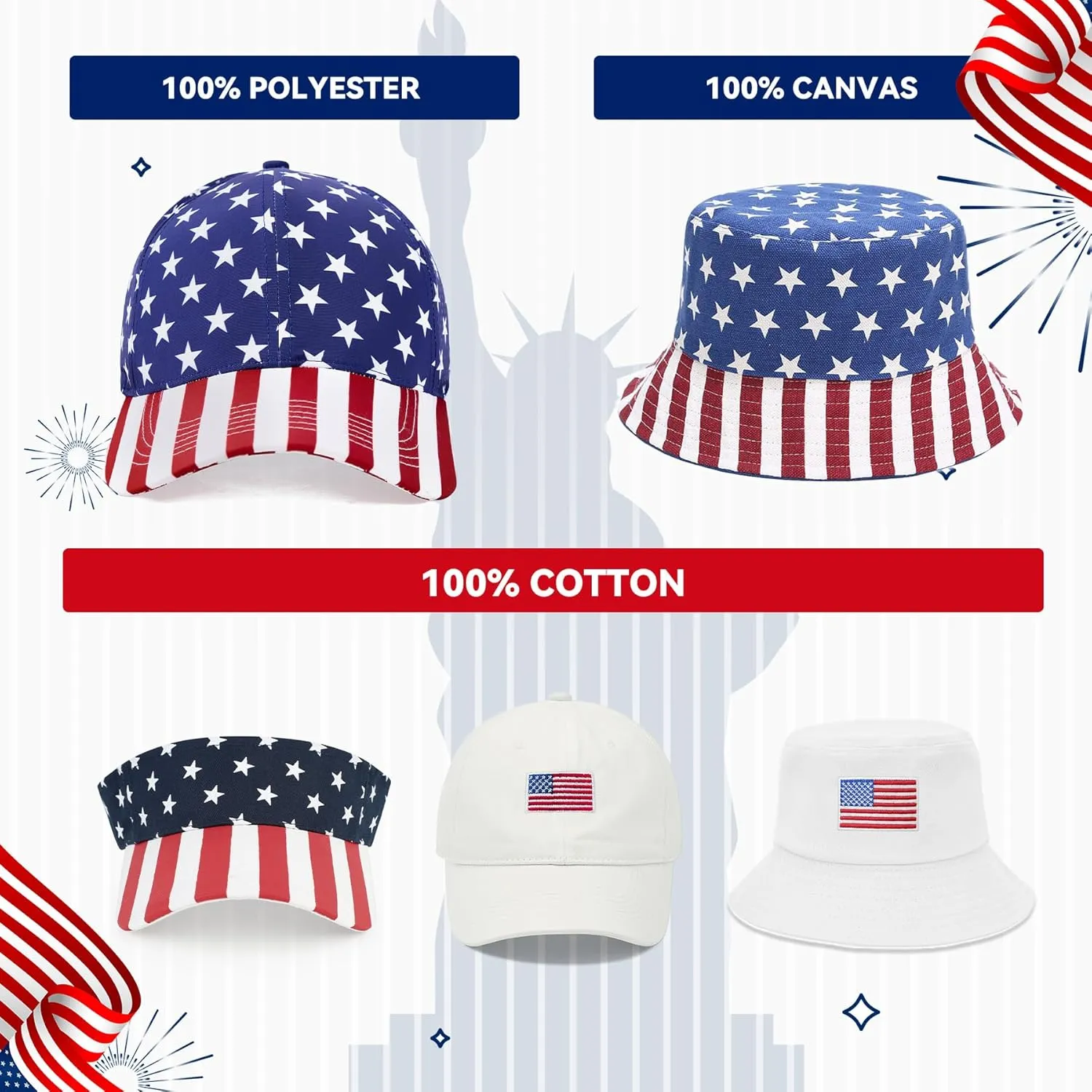 Zando USA American Flag Hats for Women Men Red White and Blue Hat 4th of July Patriotic Hats - Sun Protection, Breathable